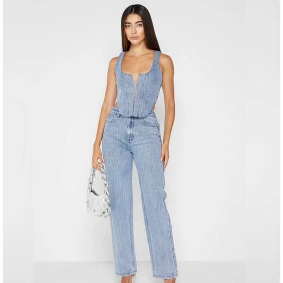 Maniere De Voir Jeans 4 Rhinestone High Rise Straight Leg Blue Denim Sexy - Picture 1 of 16